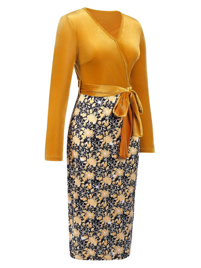 Gold 1960s Floral Patchwork Wrap Belted Dress, vintage dress, retro fashion, floral print - perfect for women who love vintage and retro fashion
