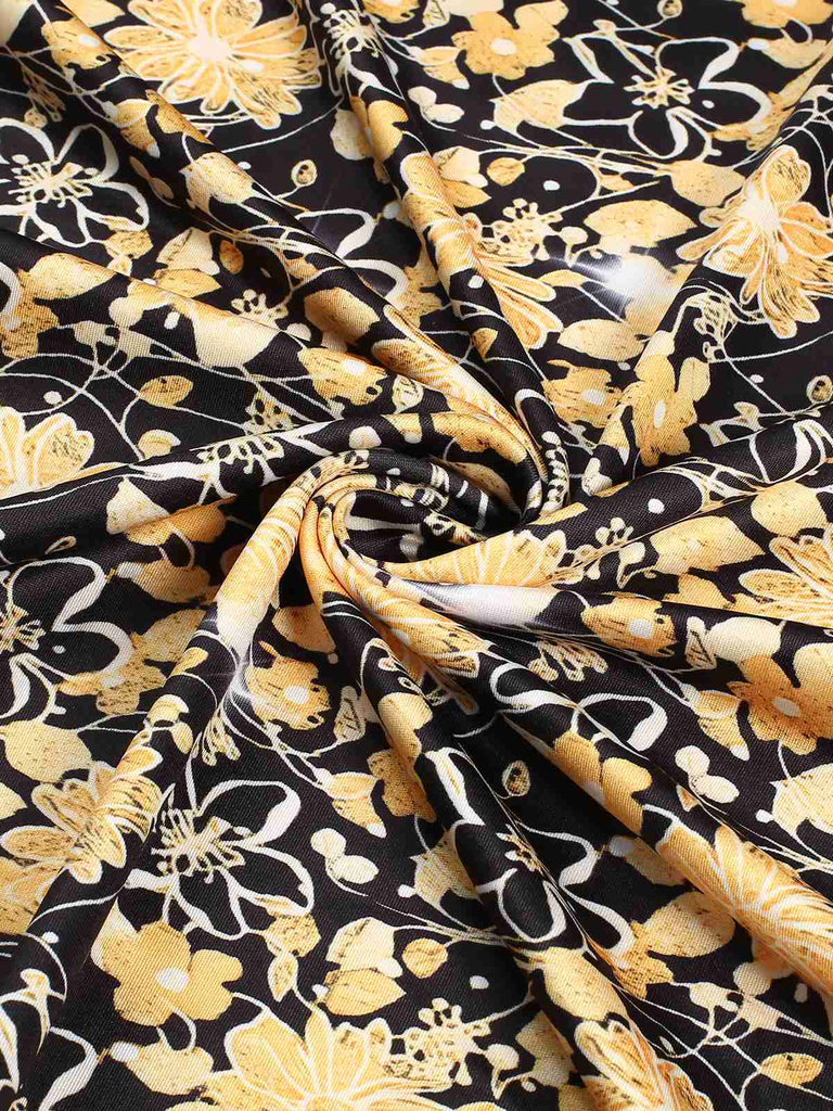 Gold 1960s Floral Patchwork Wrap Belted Dress, vintage dress, retro fashion, floral print - perfect for women who love vintage and retro fashion