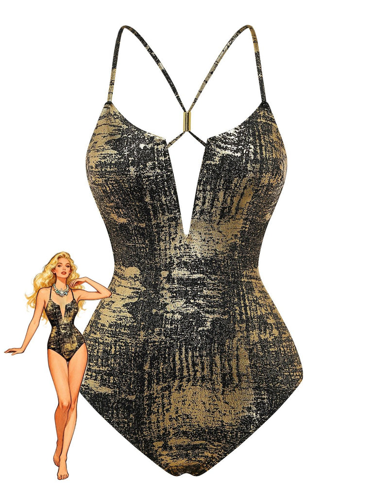 Gold 1960s One Piece Backless Swimsuit