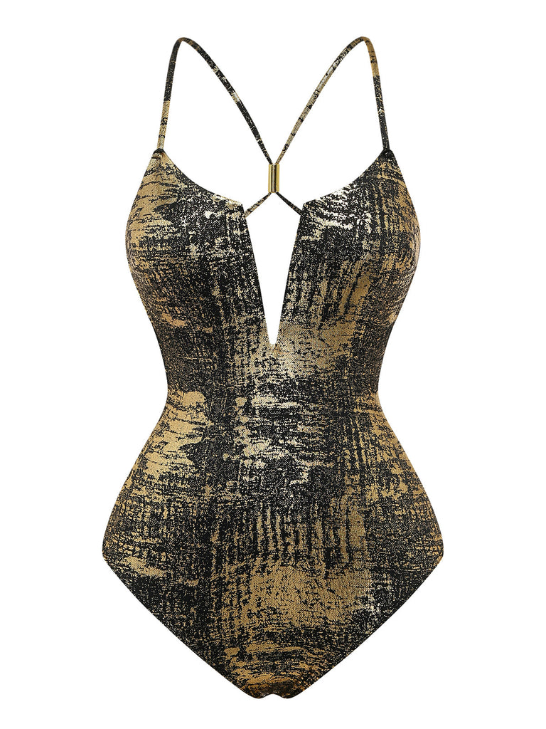 Gold 1960s One Piece Backless Swimsuit