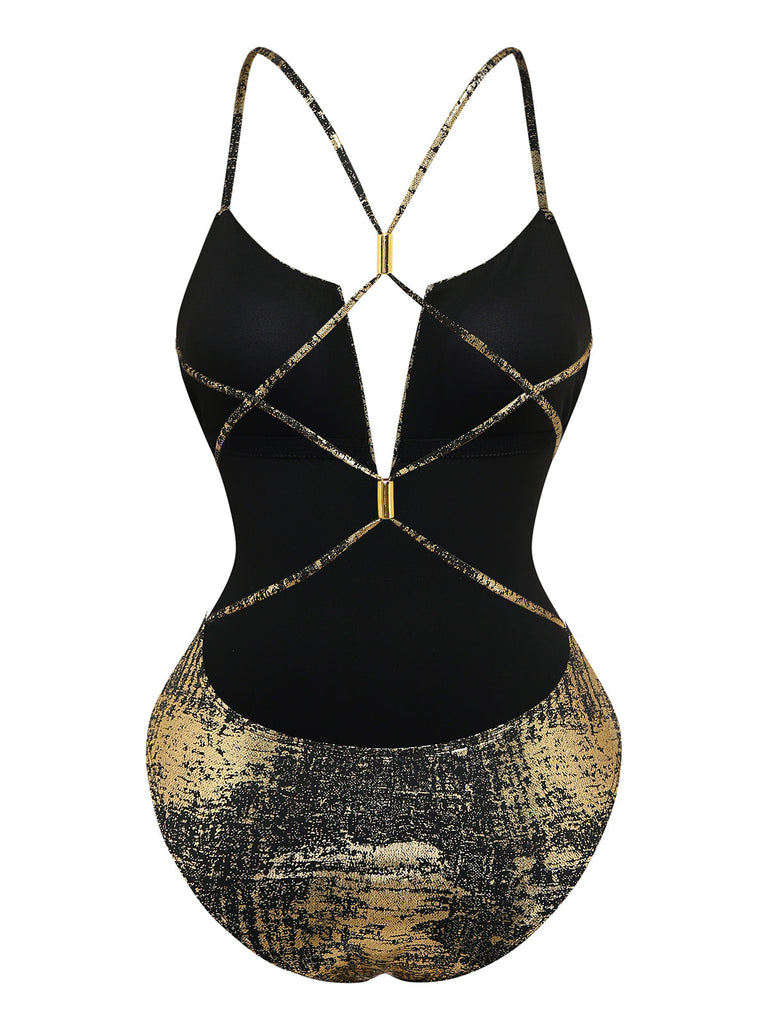 Gold 1960s One Piece Backless Swimsuit