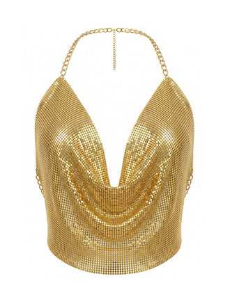 Gold-1970s-Draped-Cowl-Neck-Metallic-Chain-Halter-Top, vintage, retro