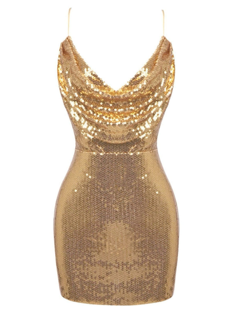 Women's Sequined Cowl Neck Cami Mini Dress, S/Gold Women's Sequined Cowl Neck Cami Mini Dress, S/Gold