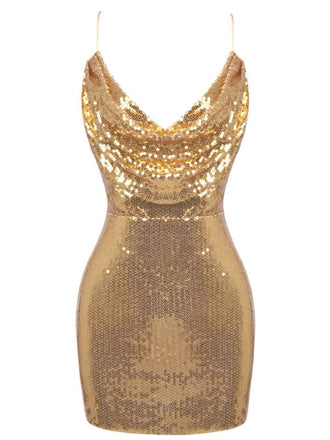 Gold 1970s Solid Sequined Mini Party Dress - vintage dress, retro fashion, glamorous gold