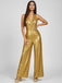 Gold 1970s Solid V-Neck Halter Jumpsuit - vintage jumpsuit, retro fashion, glamorous gold