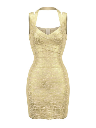 Gold 1980s Halter Metallic Bodycon Bandage Dress - vintage dress, retro fashion, glamorous gold