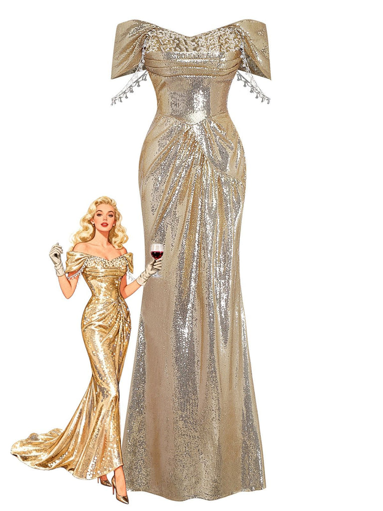 Gold 1980s Off-Shoulder Sequin Party Dress | Retro Stage Gold 1980s Off-Shoulder Sequin Party Dress | Retro Stage