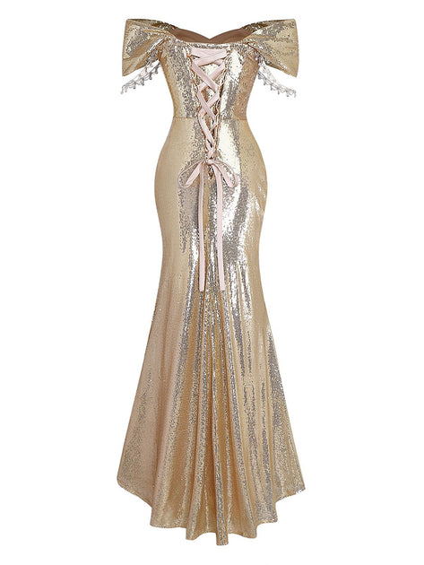 Off-Shoulder Sequined Maxi Dress