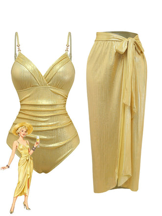 Gold 1980s Ruched One-Piece Swimsuit & Cover Up - vintage swimsuit, pin-up style, glamorous gold