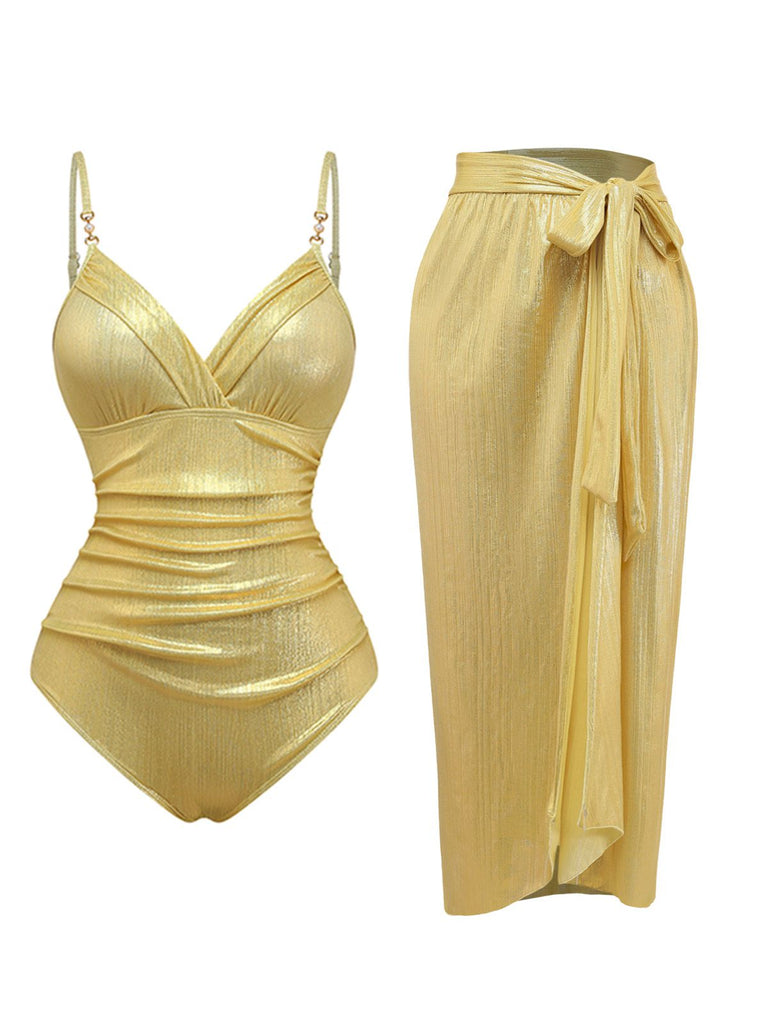 Gold 1980s Ruched One-Piece Swimsuit & Cover Up - vintage swimsuit, pin-up style, glamorous gold