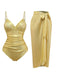 Gold 1980s Ruched One-Piece Swimsuit & Cover Up - vintage swimsuit, pin-up style, glamorous gold