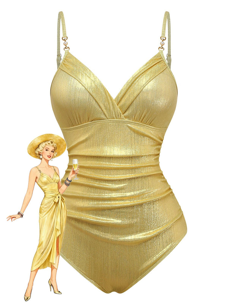 Gold 1980s Ruched One-Piece Swimsuit & Cover Up - vintage swimsuit, pin-up style, glamorous gold