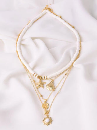 Gold Boho Shell Starfish Layered Beaded Necklace - vintage fashion, retro style, elegant red