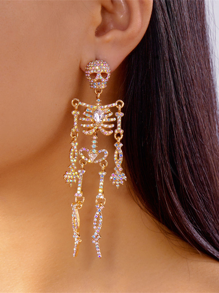 Gold Crystal Skeleton Drop Earrings - vintage fashion, retro style, glamorous gold