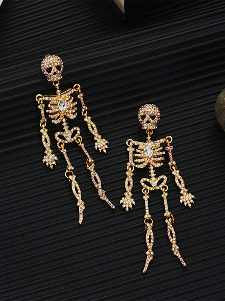 Gold Crystal Skeleton Drop Earrings - vintage fashion, retro style, glamorous gold