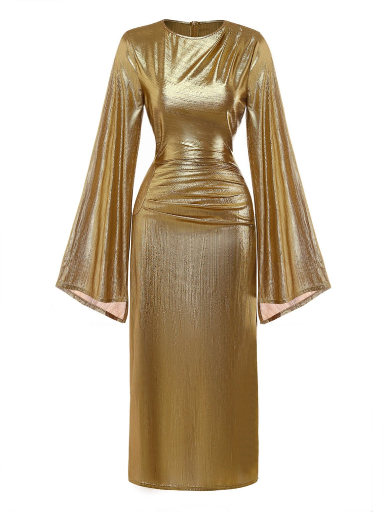 Gold Foil 1970s Batwing Sleeve Waist Ruched Dress - vintage dress, retro fashion, glamorous gold