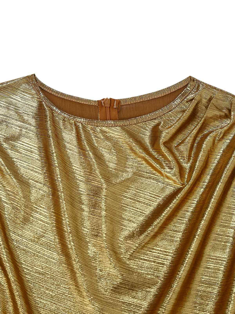 Gold Foil 1970s Batwing Sleeve Waist Ruched Dress - vintage dress, retro fashion, glamorous gold