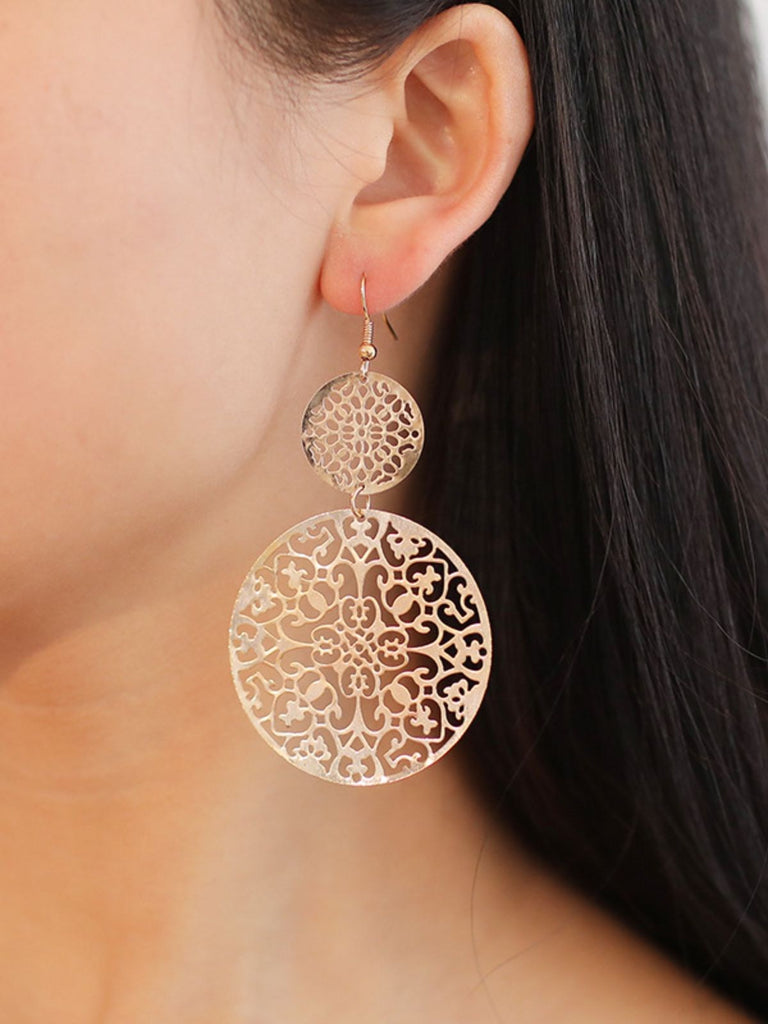 Gold Round Openwork Earrings - vintage fashion, retro style, glamorous gold