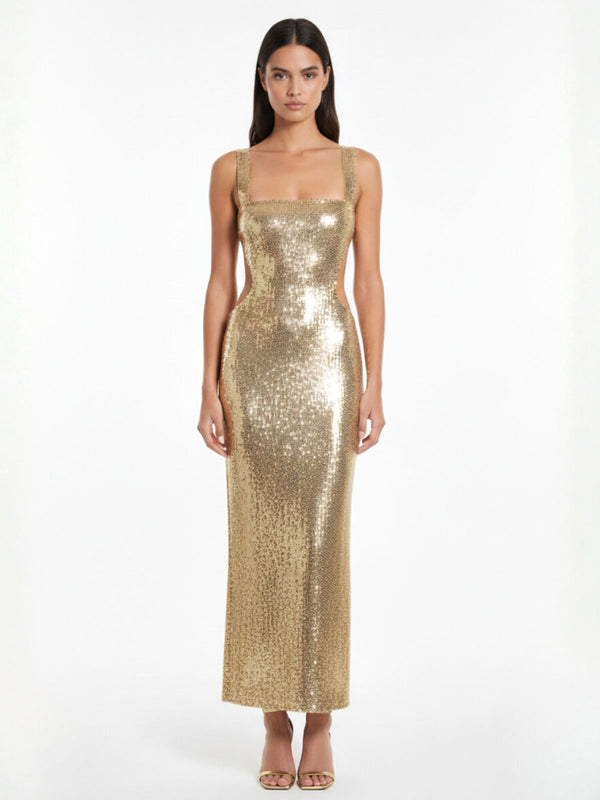 Gold Sequined Backless Evening Maxi Dress
