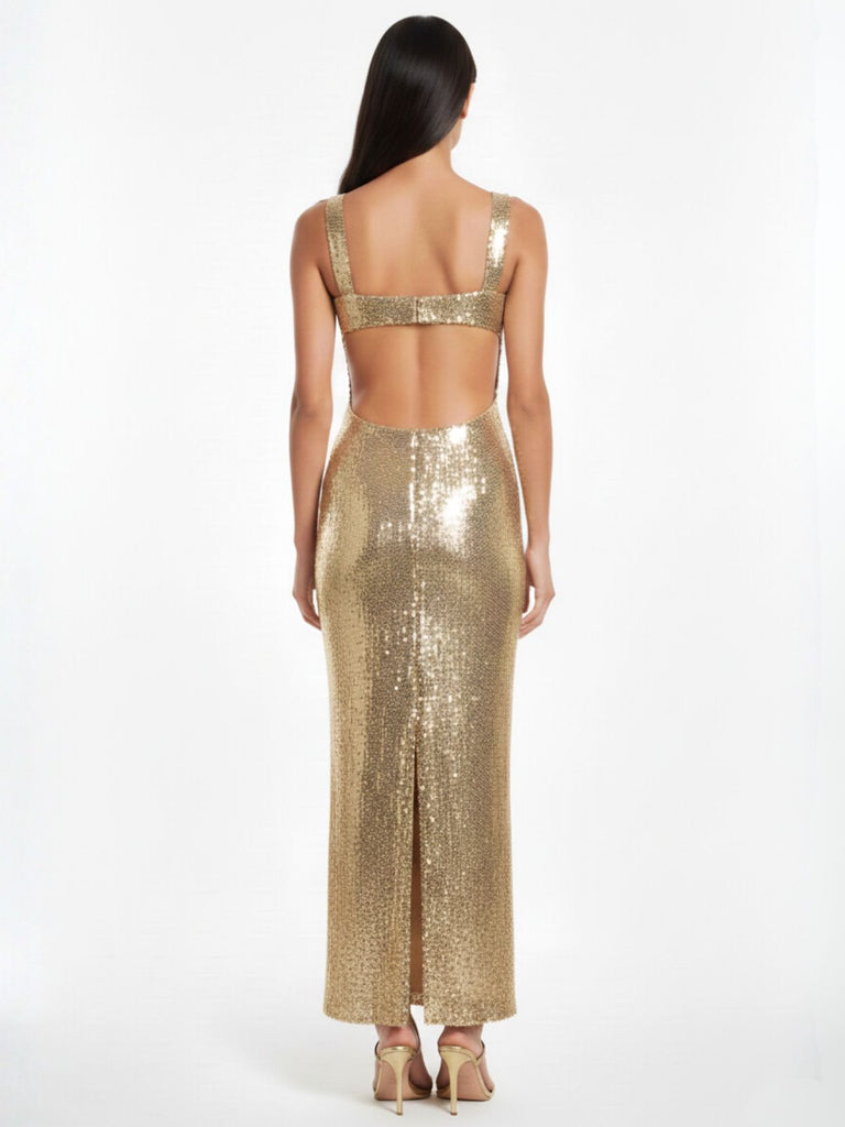 Gold Sequined Backless Evening Maxi Dress - vintage dress, retro fashion, glamorous gold