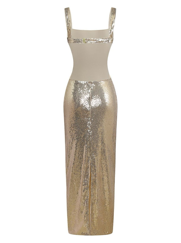 Gold Sequined Backless Evening Maxi Dress - vintage dress, retro fashion, glamorous gold