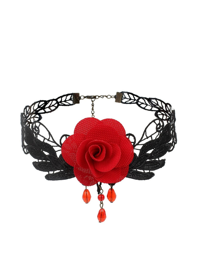Gothic 3D & Embroidered Lace Choker Necklace - vintage fashion, retro style, elegant red