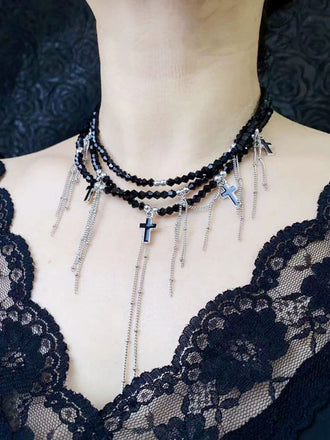 Gothic Fringe Cross Charms Layered Bead Necklace - vintage fashion, retro style, elegant red