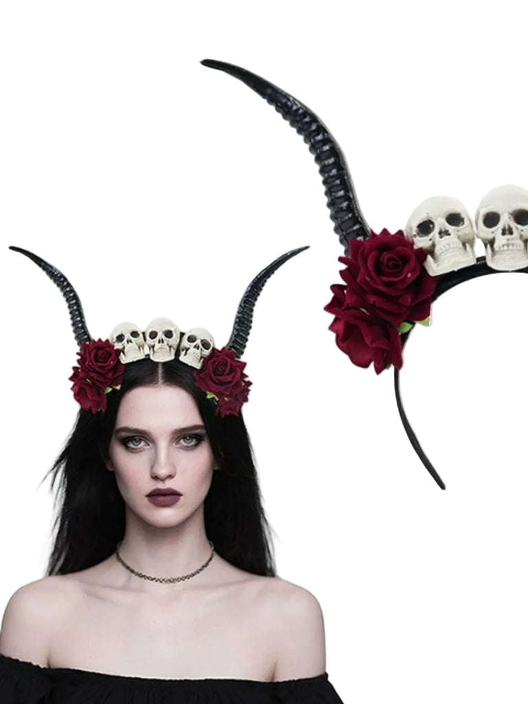 Gothic Skull Rose Demon Horn Headband - vintage fashion, retro style
