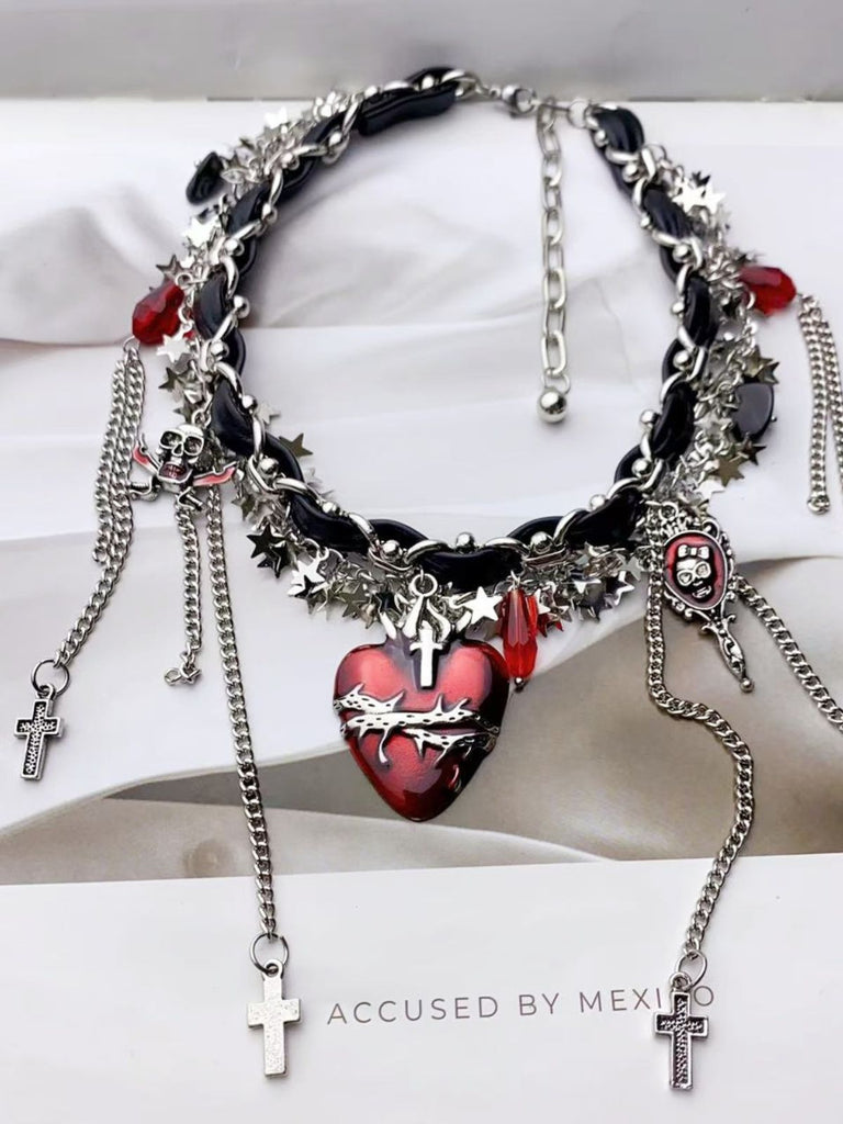 Gothic Thorns Heart Leather Cross Tassel Choker - vintage fashion, retro style