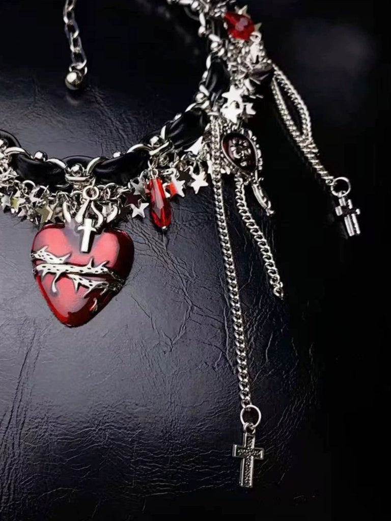 Gothic Thorns Heart Leather Cross Tassel Choker - vintage fashion, retro style