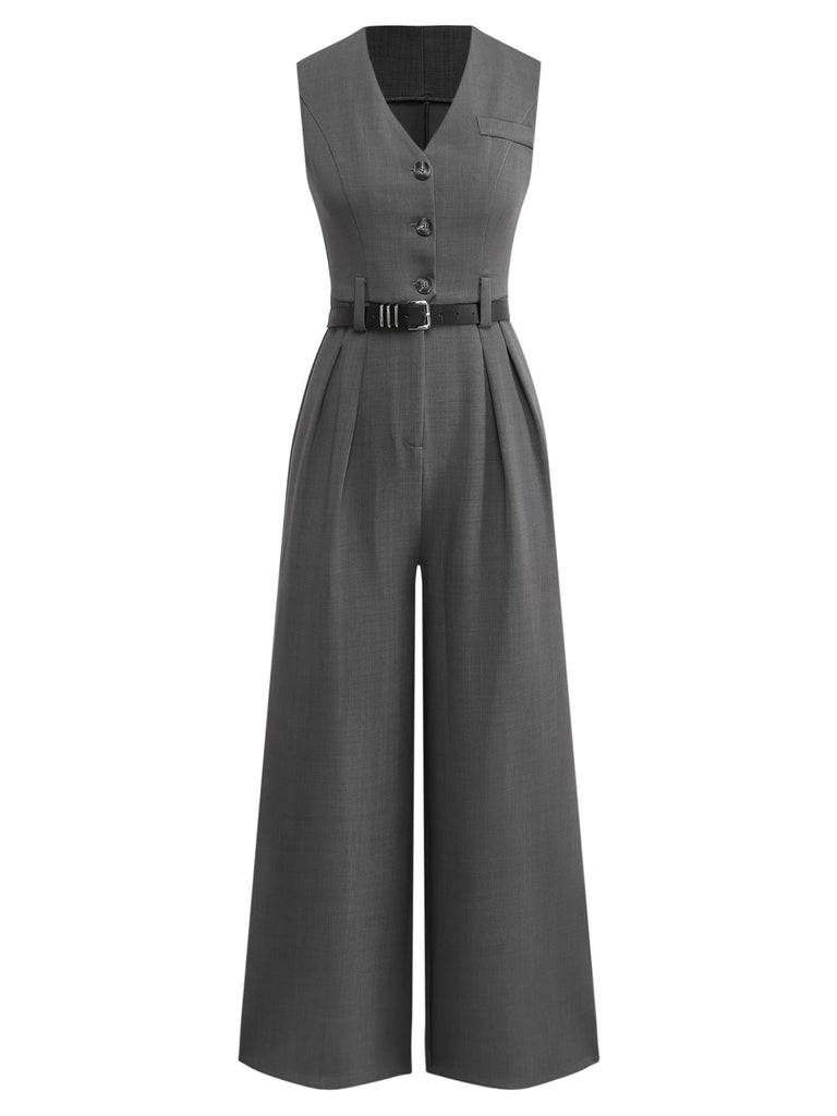 Gray 1930s Solid Sleeeless Office Belted Jumpsuit - vintage jumpsuit, retro fashion