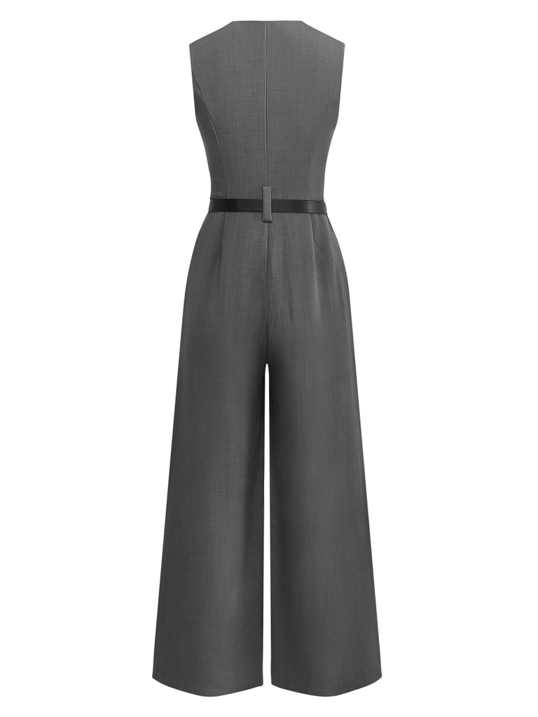 Gray 1930s Solid Sleeeless Office Belted Jumpsuit - vintage jumpsuit, retro fashion