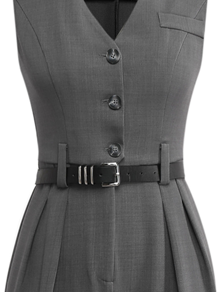 Gray 1930s Solid Sleeeless Office Belted Jumpsuit - vintage jumpsuit, retro fashion