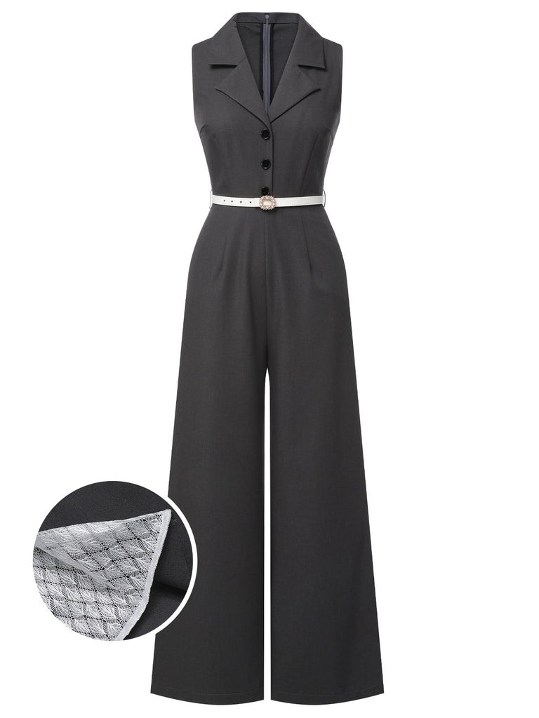 Gray 1940s V-Neck Lapel Lace-Patchwork Jumpsuit, vintage romper, retro jumpsuit - perfect for women who love vintage and retro fashion