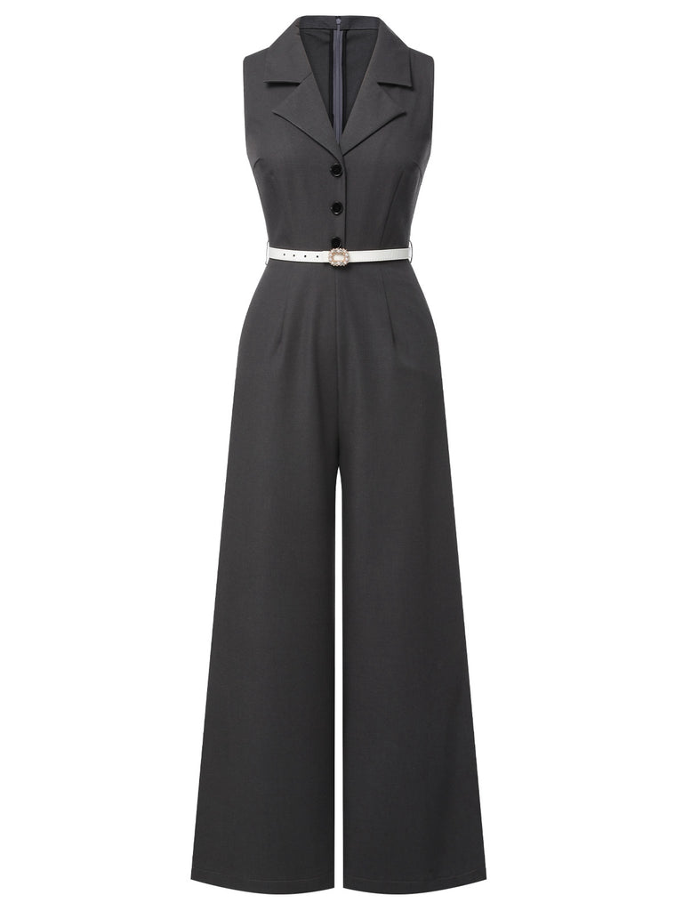 Gray 1940s V-Neck Lapel Lace-Patchwork Jumpsuit, vintage romper, retro jumpsuit - perfect for women who love vintage and retro fashion