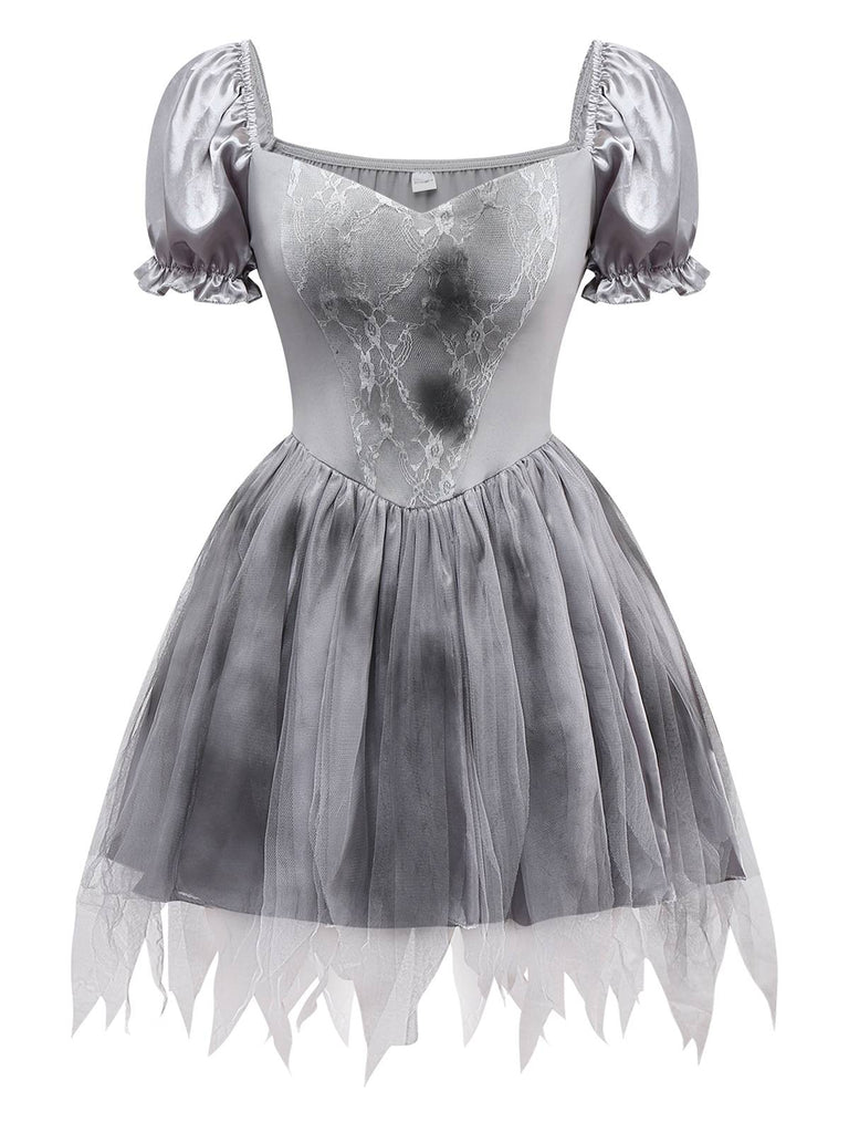 Halloween Gothic Ghost Zombie Costume Puffy Sleeves Tattered Tulle Hem Dress
