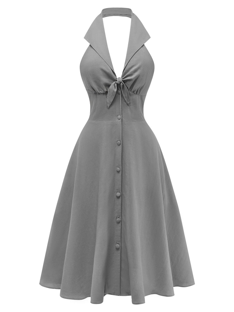 Gray 1950s Halter V-Neck Swing Dress