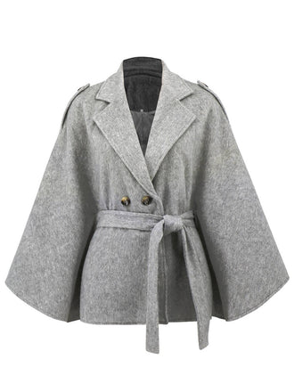 Gray 1950s Solid Notched Collar Belted Cloak Coat - vintage fashion, retro style