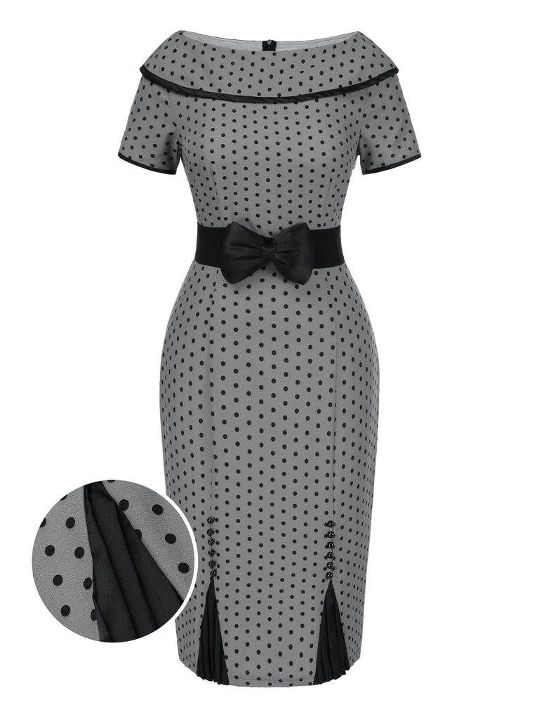 Gray 1960s Boat Neck Polka Dots Pencil Dress - vintage dress, retro fashion