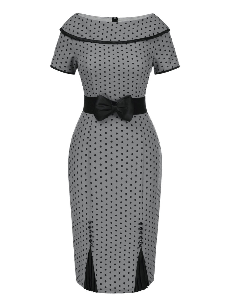 Gray 1960s Boat Neck Polka Dots Pencil Dress - vintage dress, retro fashion