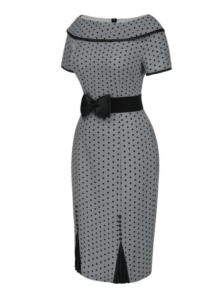 Gray 1960s Boat Neck Polka Dots Pencil Dress - vintage dress, retro fashion