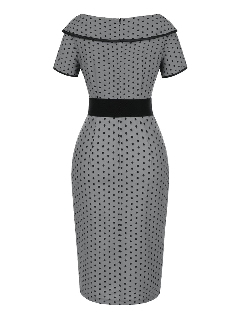 Gray 1960s Boat Neck Polka Dots Pencil Dress - vintage dress, retro fashion