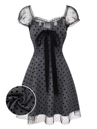 Gray 1960s Bowknot Mesh Patchwork Polka Dot Dress - vintage dress, retro fashion