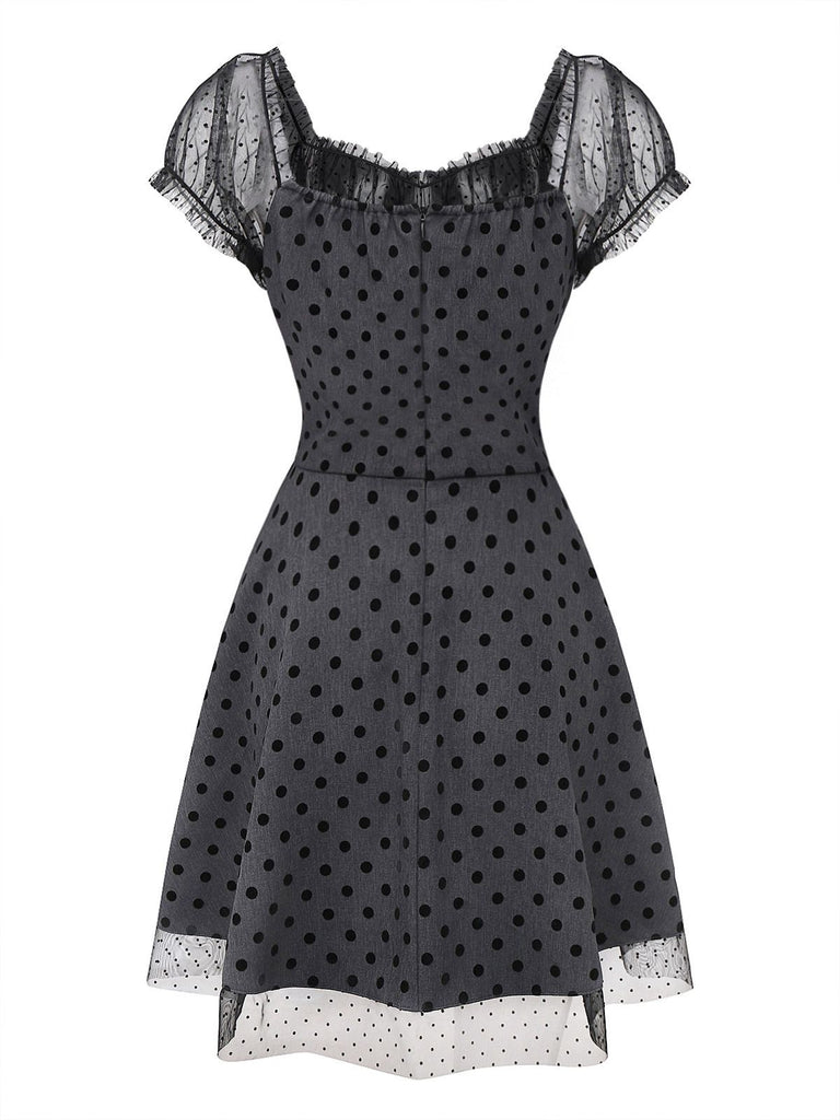 Gray 1960s Bowknot Mesh Patchwork Polka Dot Dress - vintage dress, retro fashion