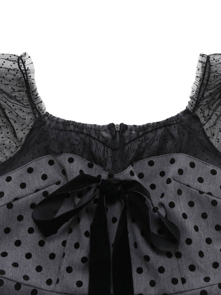 Gray 1960s Bowknot Mesh Patchwork Polka Dot Dress - vintage dress, retro fashion