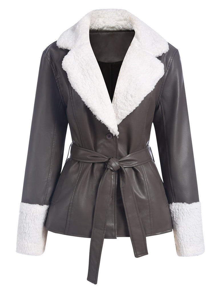 Gray 1960s Solid Plush Faux Leather Belted Coat, vintage coat, retro outerwear - perfect for women who love vintage and retro fashion