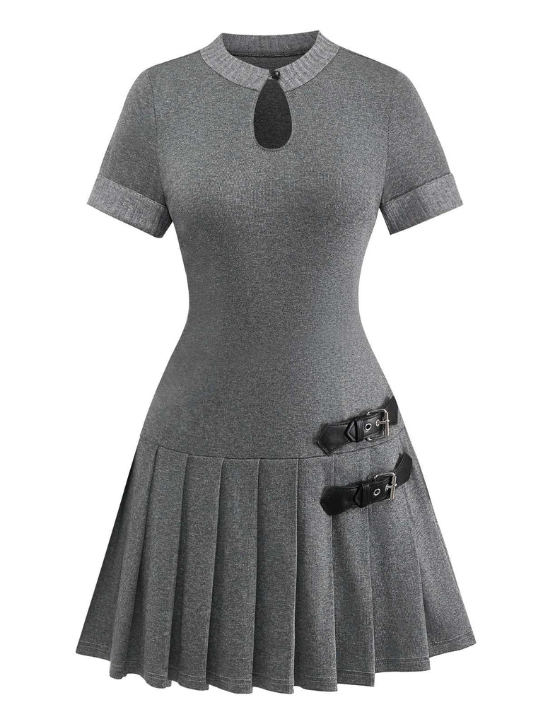 Gray 1970s Knitted Leather Buckle Pleated Dress - vintage dress, retro fashion