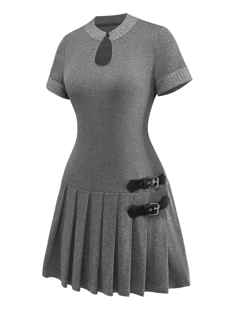 Women's Keyhole Neckline Leather Buckle Knitted Pleated Dress Gray