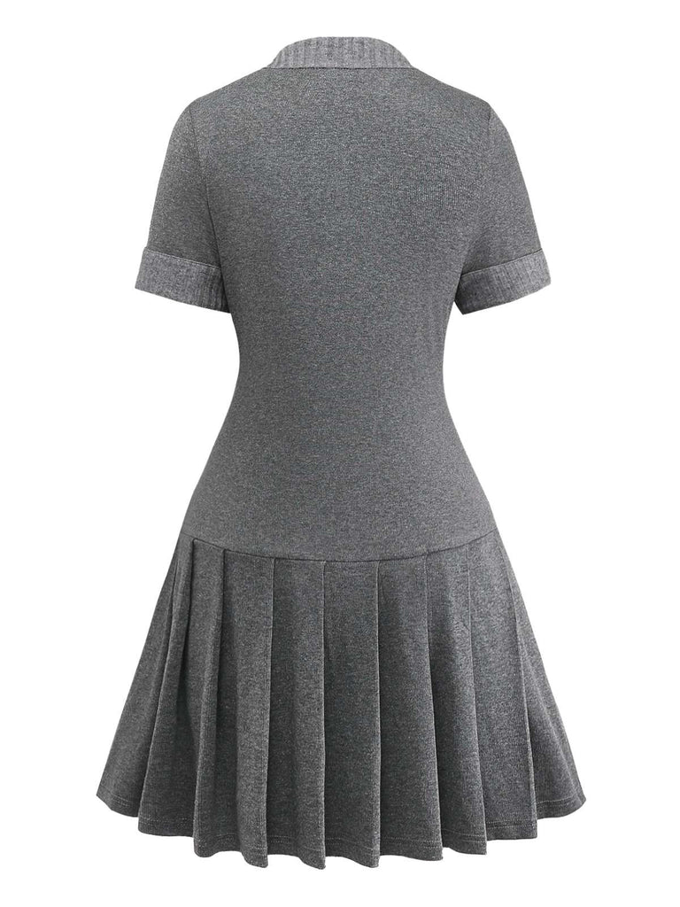 Women's Keyhole Neckline Leather Buckle Knitted Pleated Dress Gray