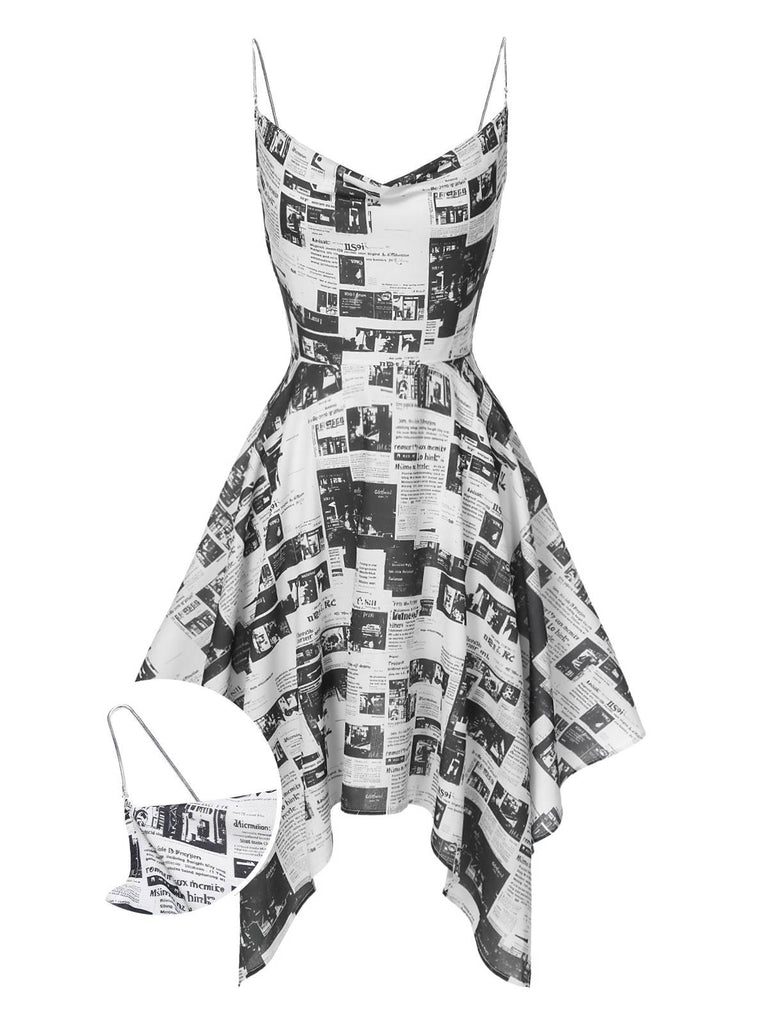 Vintage Newspaper Print Cowl Neck Spaghetti Straps Asymmetrical Hem Midi Dress